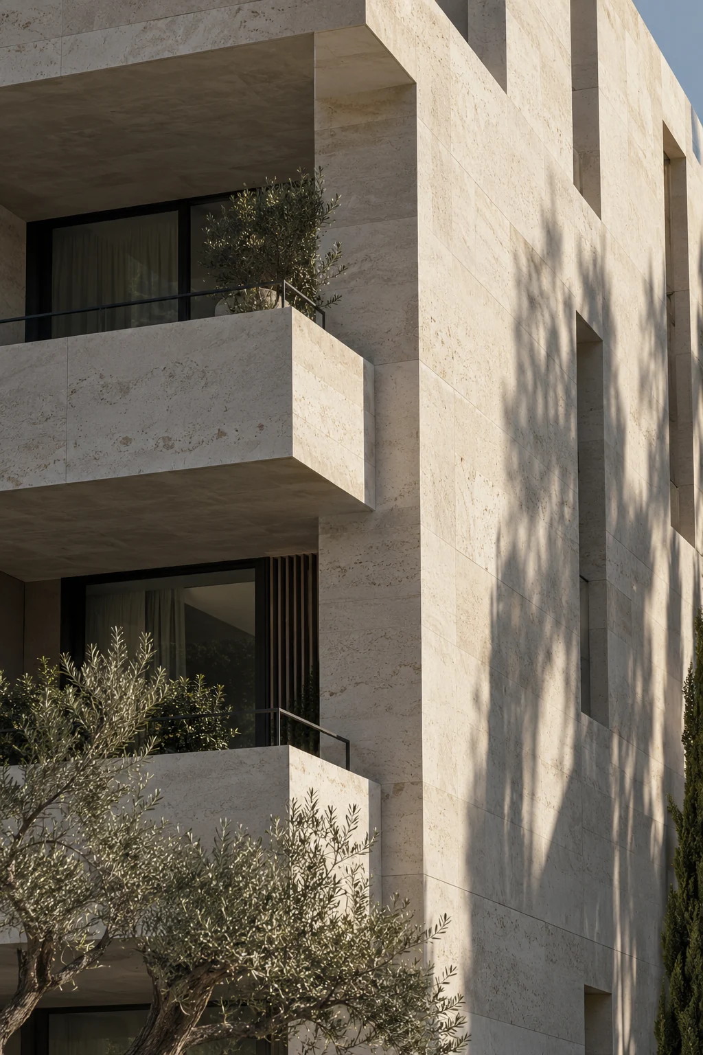 Sculptural light facade with balconies in sunlight — illustrative architecture